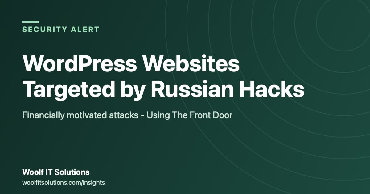 Security alert card reading 'Who Is Patching Your Website?' with a padlock and browser window icon, representing WordPress security risks for small offices.